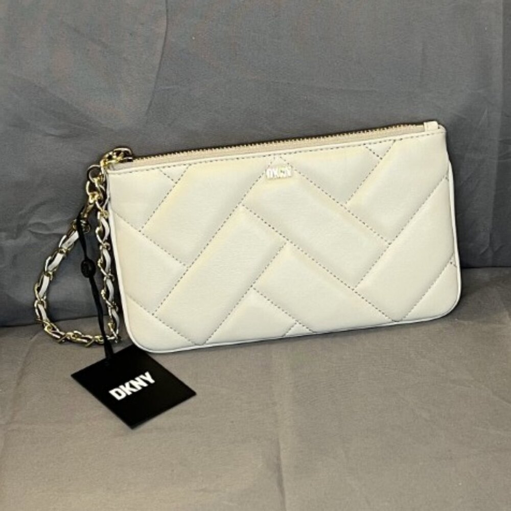 Cream White Leather Lamb Quilted Chain Wristlet, Sidney, DKNY, Color: Pebble NWT - Picture 3 of 8